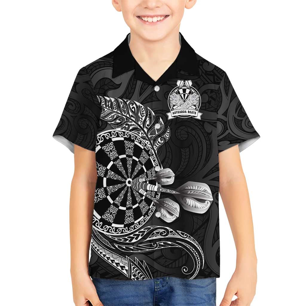 Personalised New Zealand Aotearoa Darts Masters Family Matching Summer Maxi Dress and Hawaiian Shirt Tribal Silver Fern and Ta Moko Dartboard LT03 Son's Shirt Black - Polynesian Pride
