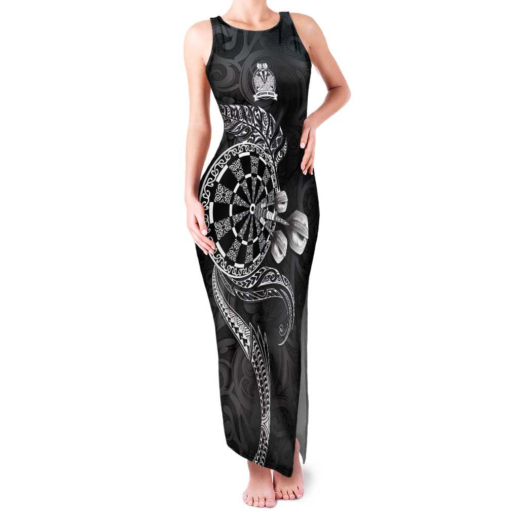 Personalised New Zealand Aotearoa Darts Masters Family Matching Tank Maxi Dress and Hawaiian Shirt Tribal Silver Fern and Ta Moko Dartboard LT03 Mom's Dress Black - Polynesian Pride