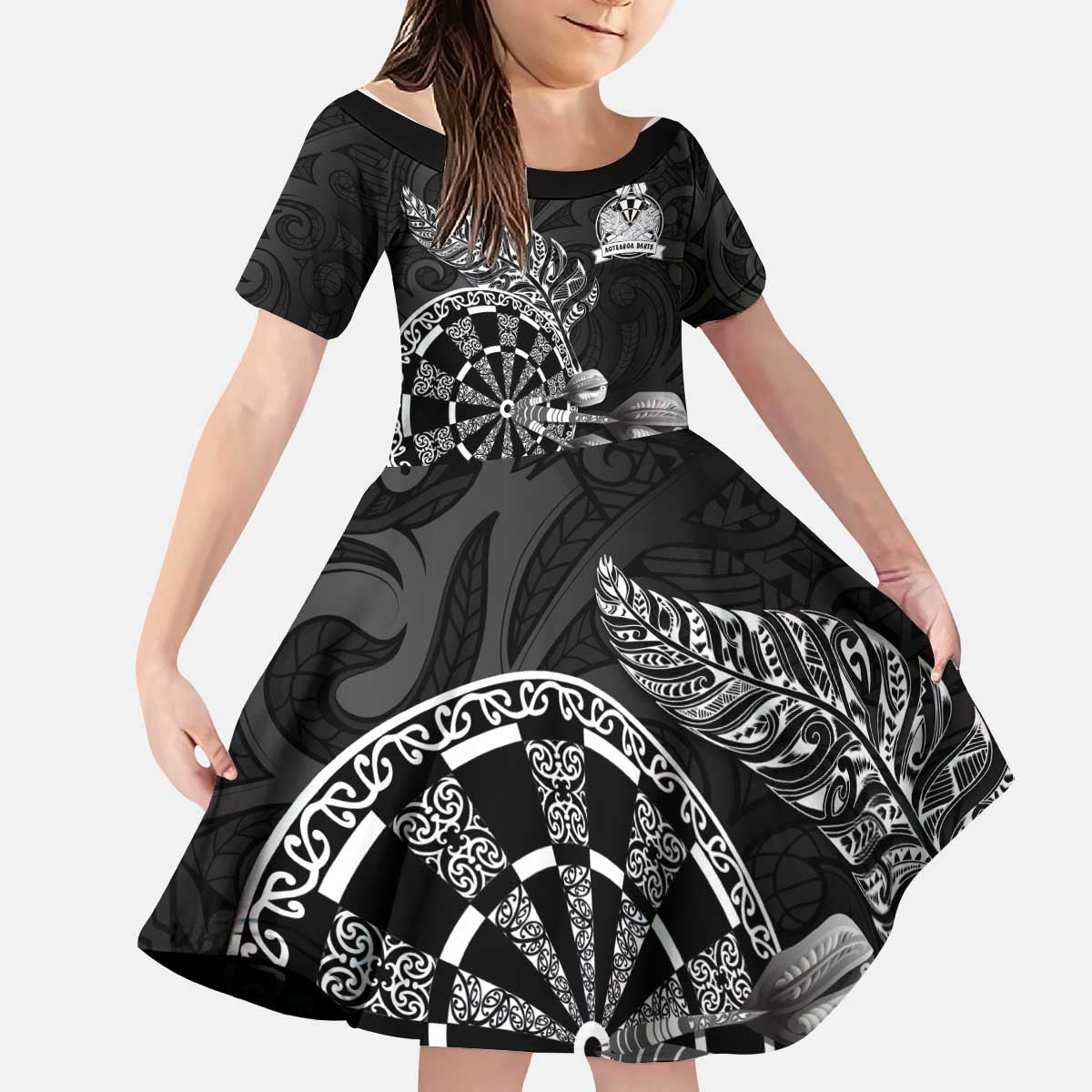 Personalised New Zealand Aotearoa Darts Masters Kid Short Sleeve Dress Tribal Silver Fern and Ta Moko Dartboard LT03 KID Black - Polynesian Pride