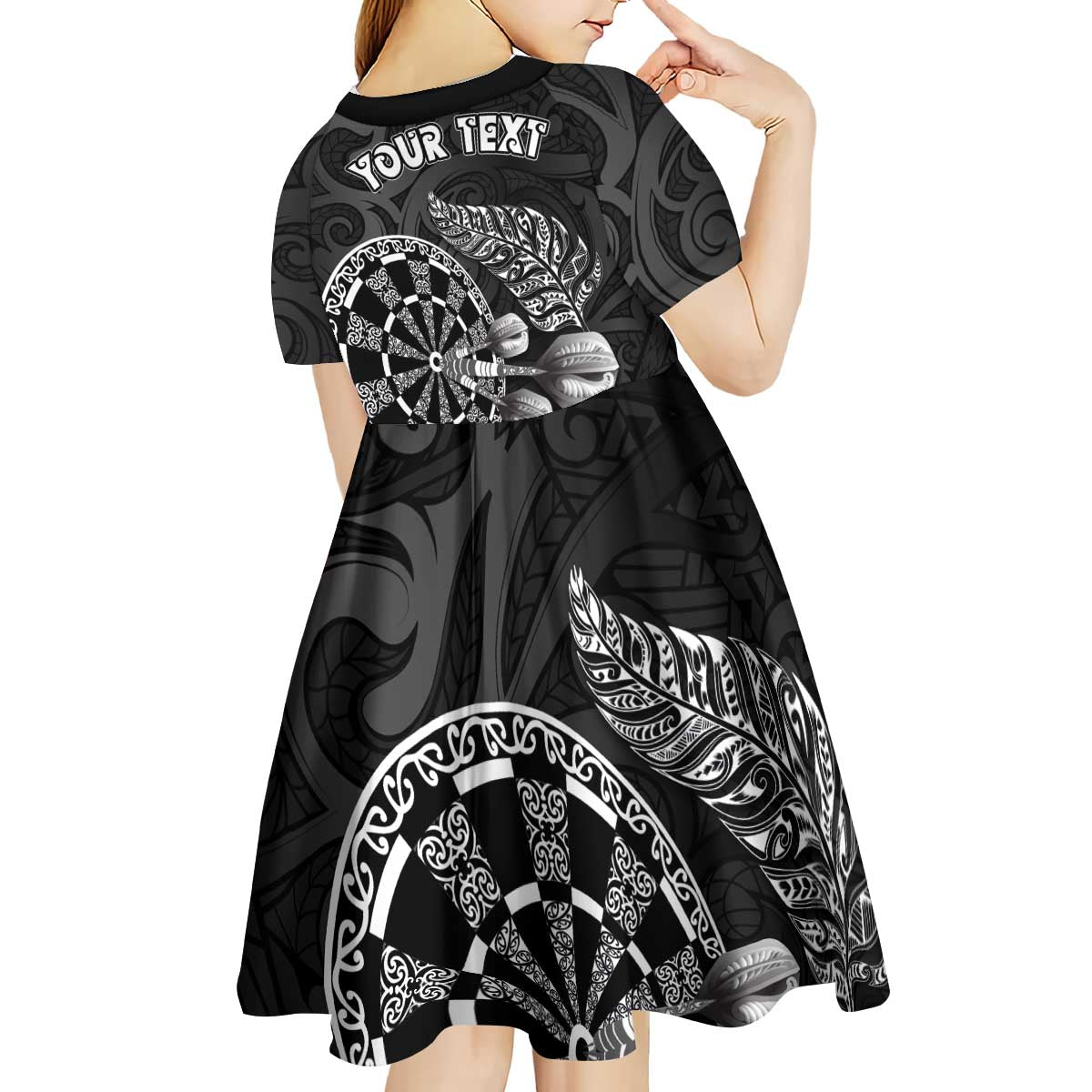 Personalised New Zealand Aotearoa Darts Masters Kid Short Sleeve Dress Tribal Silver Fern and Ta Moko Dartboard LT03 - Polynesian Pride