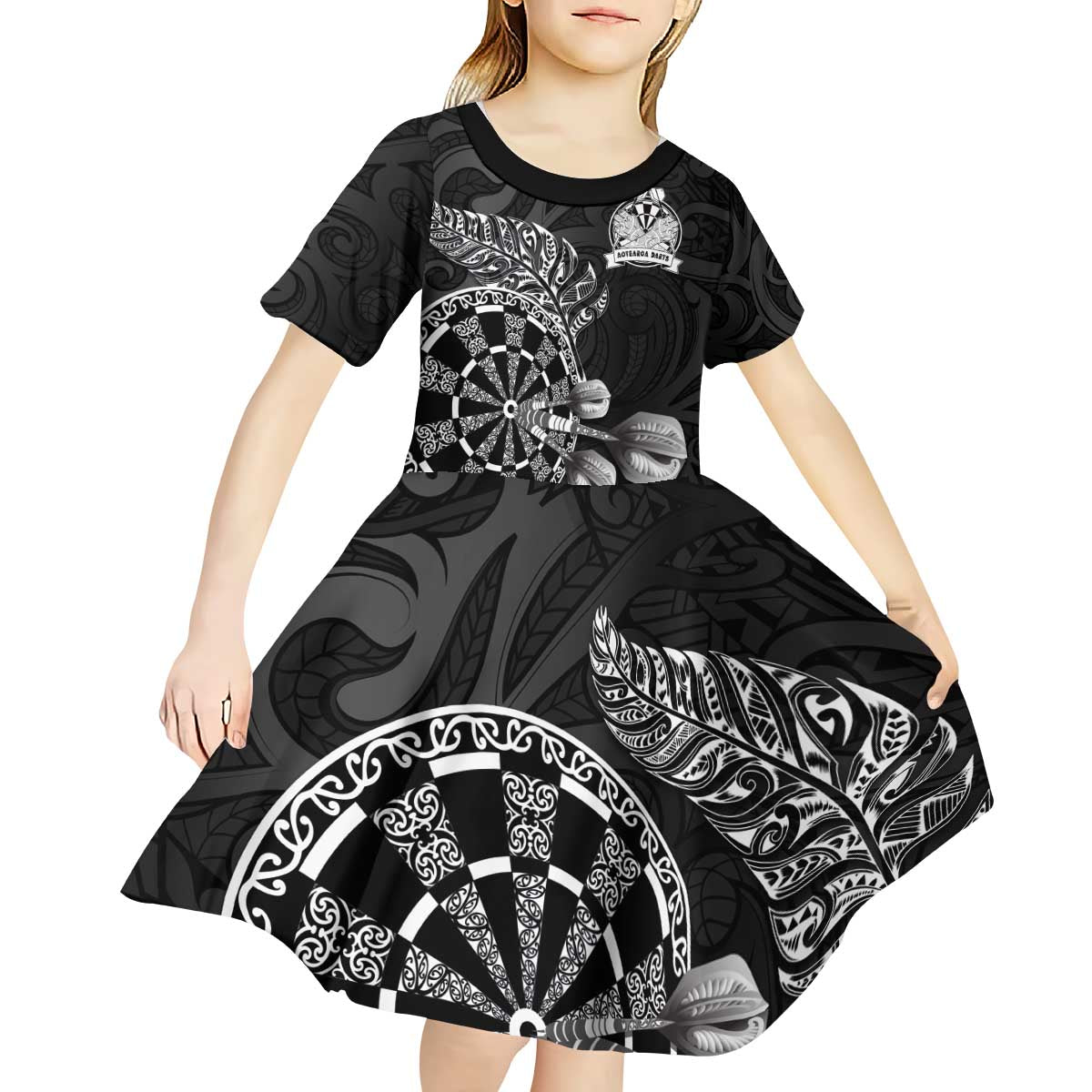 Personalised New Zealand Aotearoa Darts Masters Kid Short Sleeve Dress Tribal Silver Fern and Ta Moko Dartboard LT03 - Polynesian Pride