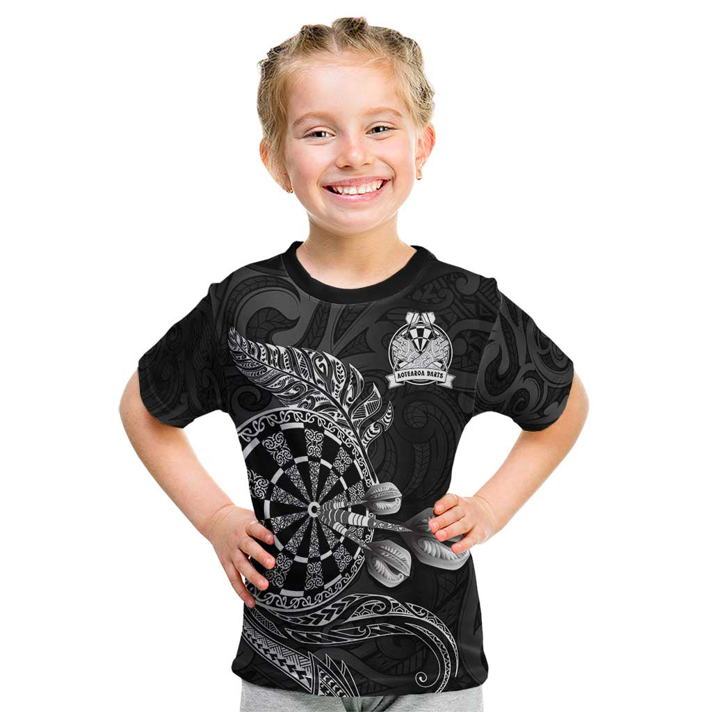 Personalised New Zealand Aotearoa Darts Masters Kid T Shirt Tribal Silver Fern and Ta Moko Dartboard LT03 Black - Polynesian Pride