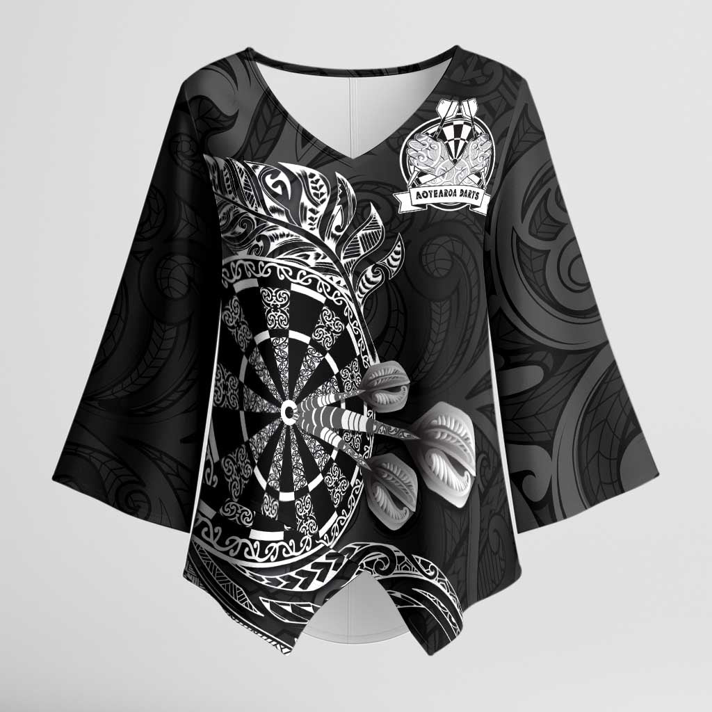 Personalised New Zealand Aotearoa Darts Masters Kimono Sleeve Blouse Tribal Silver Fern and Ta Moko Dartboard LT03 Female Black - Polynesian Pride