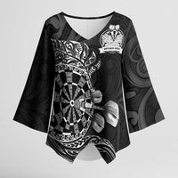 Personalised New Zealand Aotearoa Darts Masters Kimono Sleeve Blouse Tribal Silver Fern and Ta Moko Dartboard LT03 Female Black - Polynesian Pride