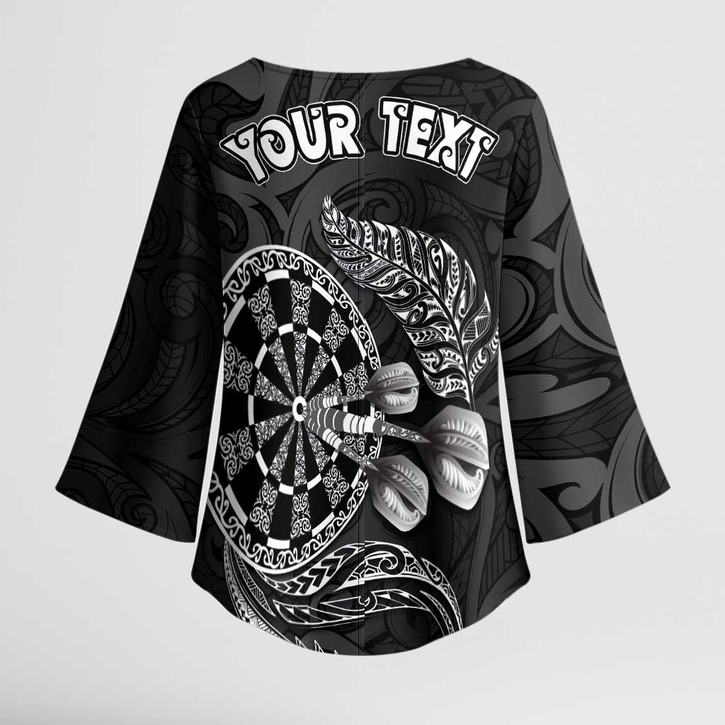Personalised New Zealand Aotearoa Darts Masters Kimono Sleeve Blouse Tribal Silver Fern and Ta Moko Dartboard LT03 - Polynesian Pride