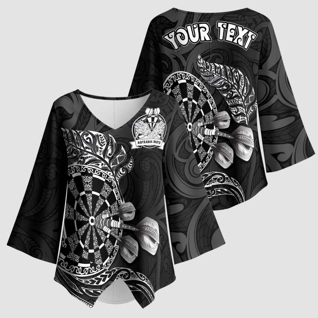 Personalised New Zealand Aotearoa Darts Masters Kimono Sleeve Blouse Tribal Silver Fern and Ta Moko Dartboard LT03 - Polynesian Pride