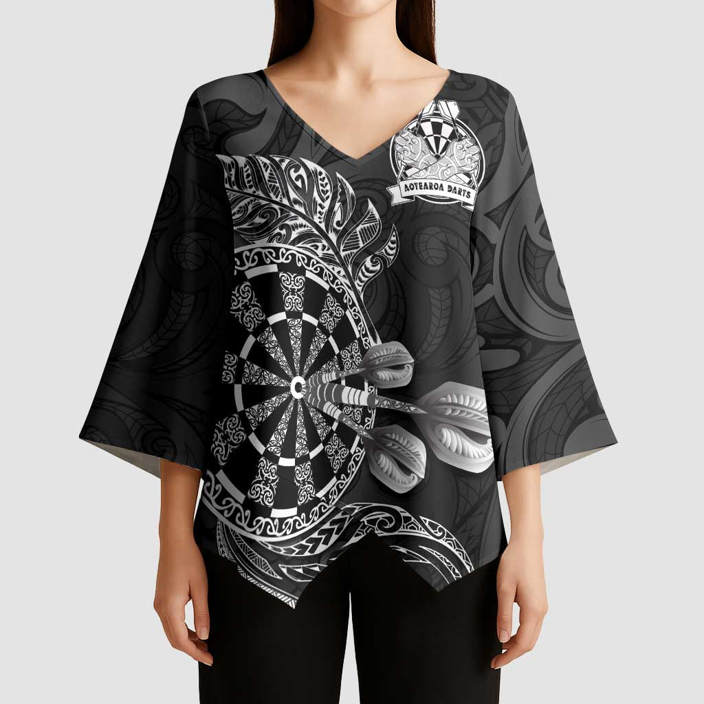 Personalised New Zealand Aotearoa Darts Masters Kimono Sleeve Blouse Tribal Silver Fern and Ta Moko Dartboard LT03 - Polynesian Pride