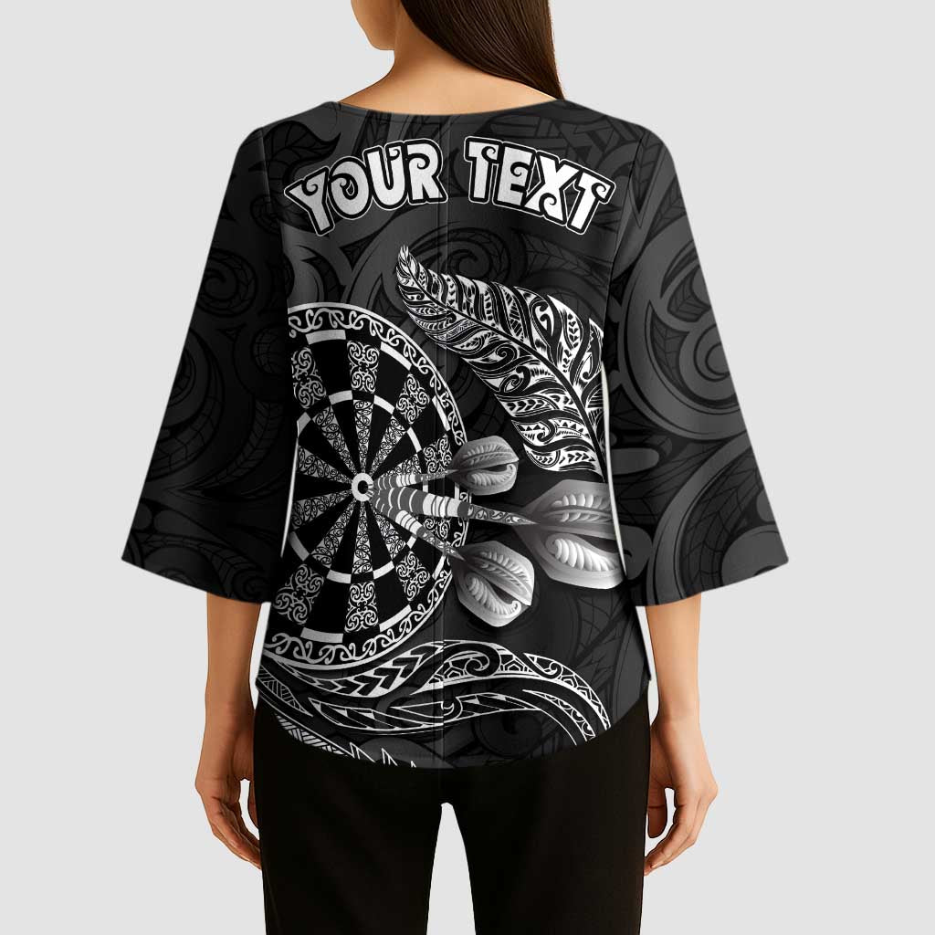 Personalised New Zealand Aotearoa Darts Masters Kimono Sleeve Blouse Tribal Silver Fern and Ta Moko Dartboard LT03 - Polynesian Pride