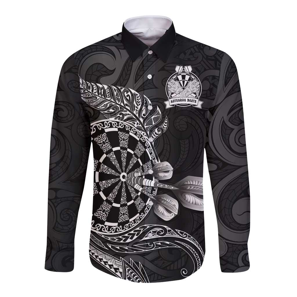 Personalised New Zealand Aotearoa Darts Masters Long Sleeve Button Shirt Tribal Silver Fern and Ta Moko Dartboard LT03 Unisex Black - Polynesian Pride