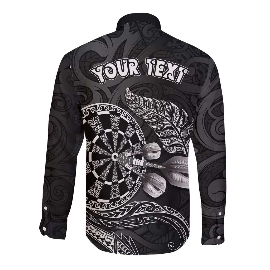 Personalised New Zealand Aotearoa Darts Masters Long Sleeve Button Shirt Tribal Silver Fern and Ta Moko Dartboard LT03 - Polynesian Pride