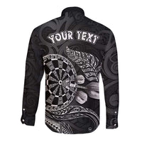Personalised New Zealand Aotearoa Darts Masters Long Sleeve Button Shirt Tribal Silver Fern and Ta Moko Dartboard LT03 - Polynesian Pride