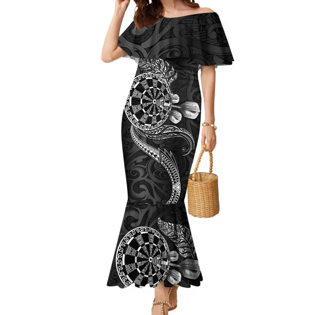 Personalised New Zealand Aotearoa Darts Masters Mermaid Dress Tribal Silver Fern and Ta Moko Dartboard LT03 Women Black - Polynesian Pride