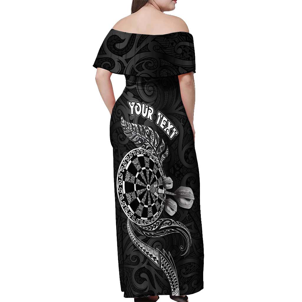 Personalised New Zealand Aotearoa Darts Masters Off Shoulder Maxi Dress Tribal Silver Fern and Ta Moko Dartboard LT03 - Polynesian Pride