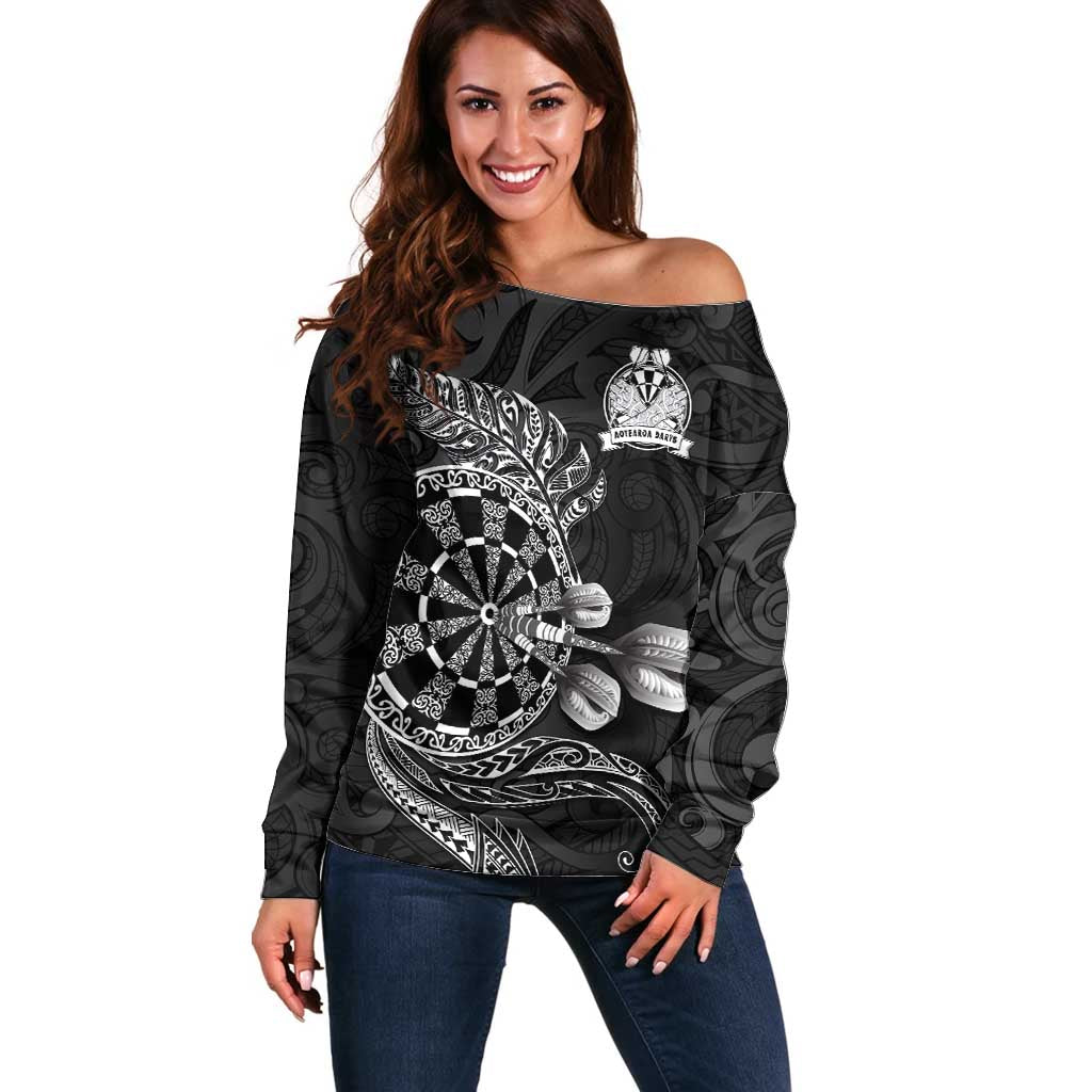 Personalised New Zealand Aotearoa Darts Masters Off Shoulder Sweater Tribal Silver Fern and Ta Moko Dartboard LT03 Women Black - Polynesian Pride