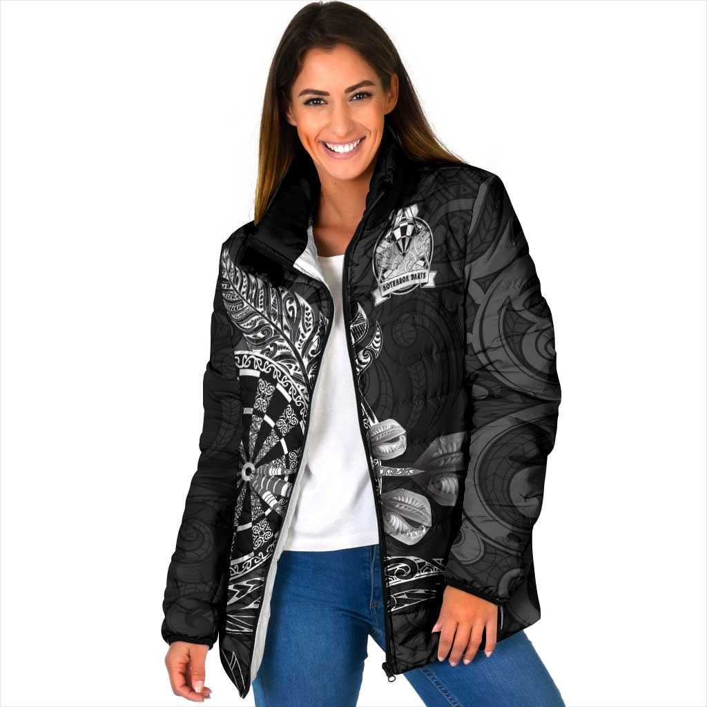 Personalised New Zealand Aotearoa Darts Masters Padded Jacket Tribal Silver Fern and Ta Moko Dartboard LT03 Women Black - Polynesian Pride