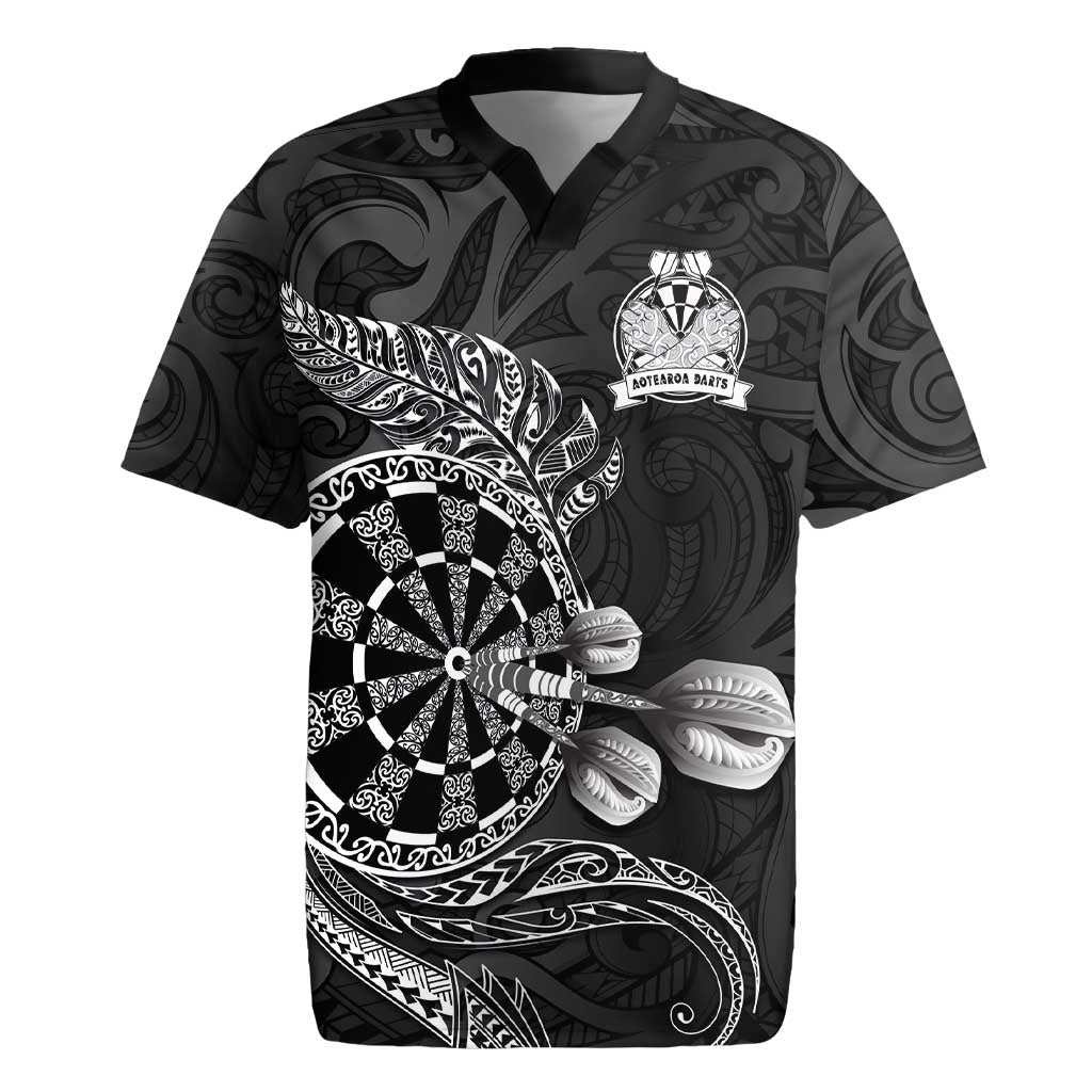 Personalised New Zealand Aotearoa Darts Masters Rugby Jersey Tribal Silver Fern and Ta Moko Dartboard LT03 Black - Polynesian Pride