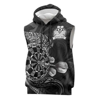 Personalised New Zealand Aotearoa Darts Masters Sleeveless Hoodie Tribal Silver Fern and Ta Moko Dartboard LT03 Black - Polynesian Pride