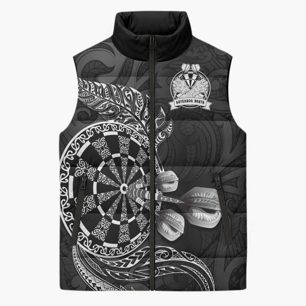 Personalised New Zealand Aotearoa Darts Masters Sleeveless Puffer Jacket Tribal Silver Fern and Ta Moko Dartboard LT03 Unisex Black - Polynesian Pride