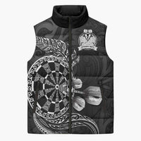 Personalised New Zealand Aotearoa Darts Masters Sleeveless Puffer Jacket Tribal Silver Fern and Ta Moko Dartboard LT03 Unisex Black - Polynesian Pride