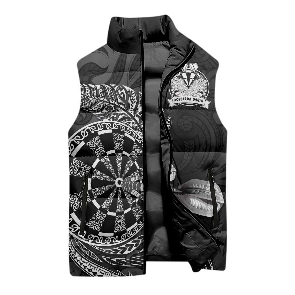 Personalised New Zealand Aotearoa Darts Masters Sleeveless Puffer Jacket Tribal Silver Fern and Ta Moko Dartboard LT03 - Polynesian Pride