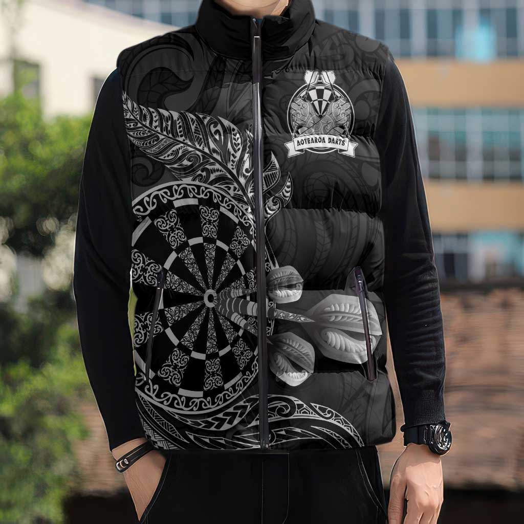 Personalised New Zealand Aotearoa Darts Masters Sleeveless Puffer Jacket Tribal Silver Fern and Ta Moko Dartboard LT03 - Polynesian Pride