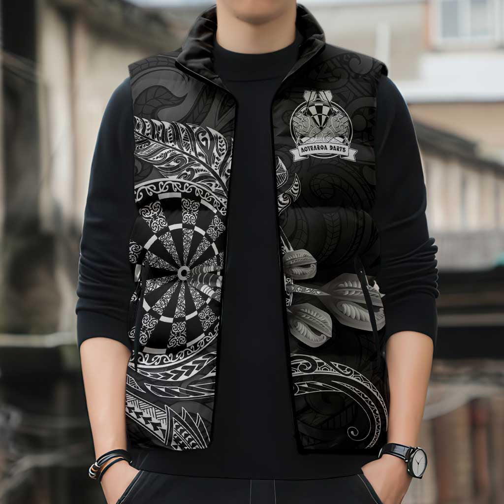 Personalised New Zealand Aotearoa Darts Masters Sleeveless Puffer Jacket Tribal Silver Fern and Ta Moko Dartboard LT03 - Polynesian Pride