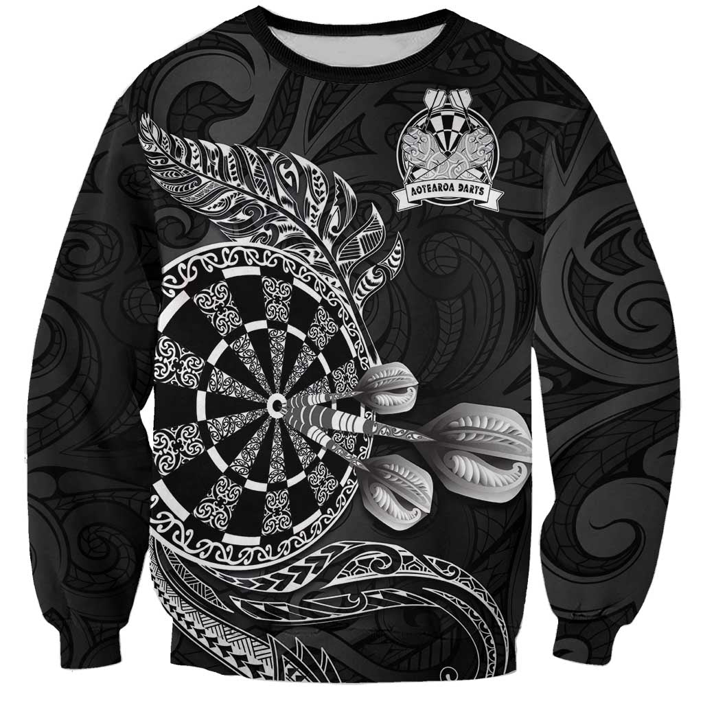 Personalised New Zealand Aotearoa Darts Masters Sweatshirt Tribal Silver Fern and Ta Moko Dartboard LT03 Unisex Black - Polynesian Pride