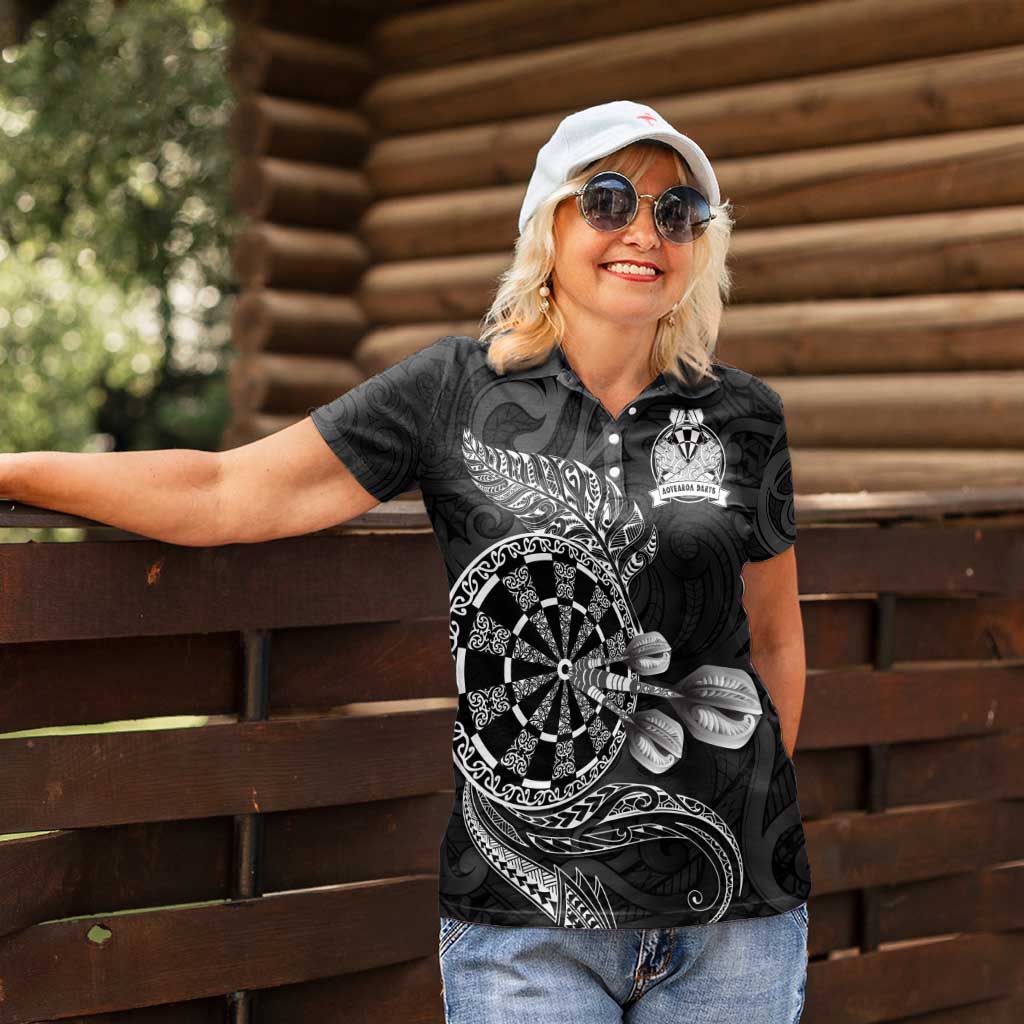 Personalised New Zealand Aotearoa Darts Masters Women Polo Shirt Tribal Silver Fern and Ta Moko Dartboard - Polynesian Pride