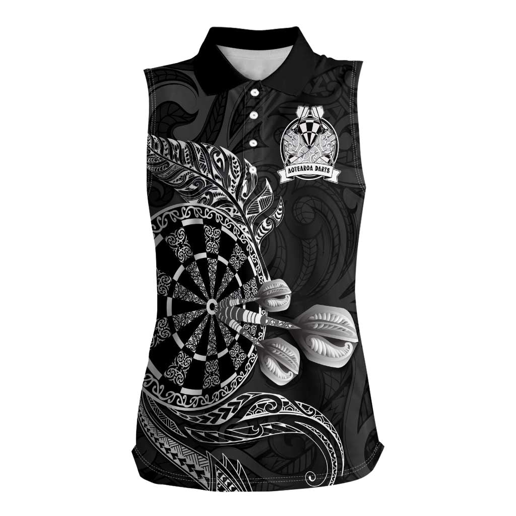 Personalised New Zealand Aotearoa Darts Masters Women Sleeveless Polo Shirt Tribal Silver Fern and Ta Moko Dartboard LT03 Female Black - Polynesian Pride