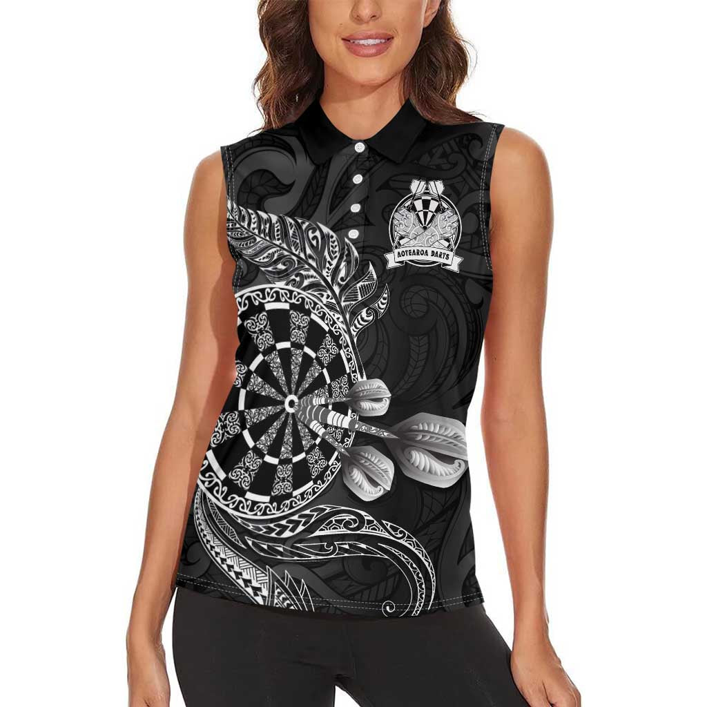 Personalised New Zealand Aotearoa Darts Masters Women Sleeveless Polo Shirt Tribal Silver Fern and Ta Moko Dartboard LT03 - Polynesian Pride