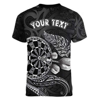 Personalised New Zealand Aotearoa Darts Masters Women V-Neck T-Shirt Tribal Silver Fern and Ta Moko Dartboard LT03 - Polynesian Pride