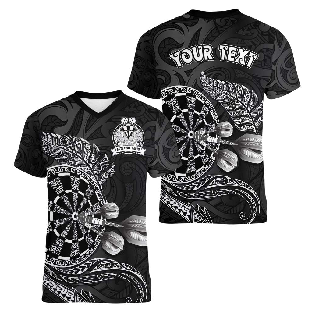 Personalised New Zealand Aotearoa Darts Masters Women V-Neck T-Shirt Tribal Silver Fern and Ta Moko Dartboard LT03 - Polynesian Pride
