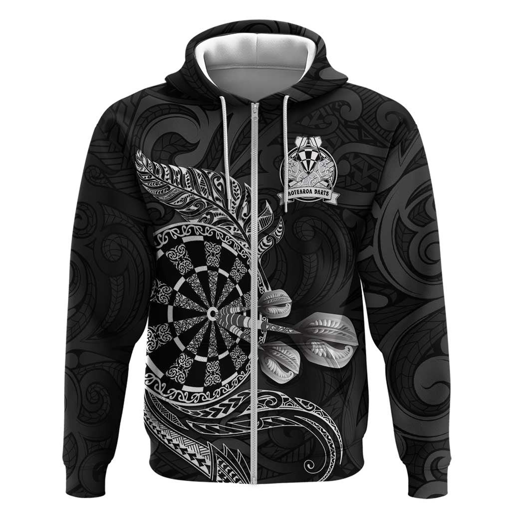 Personalised New Zealand Aotearoa Darts Masters Zip Hoodie Tribal Silver Fern and Ta Moko Dartboard LT03 Zip Hoodie Black - Polynesian Pride