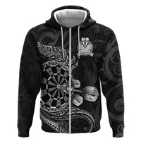 Personalised New Zealand Aotearoa Darts Masters Zip Hoodie Tribal Silver Fern and Ta Moko Dartboard LT03 Zip Hoodie Black - Polynesian Pride