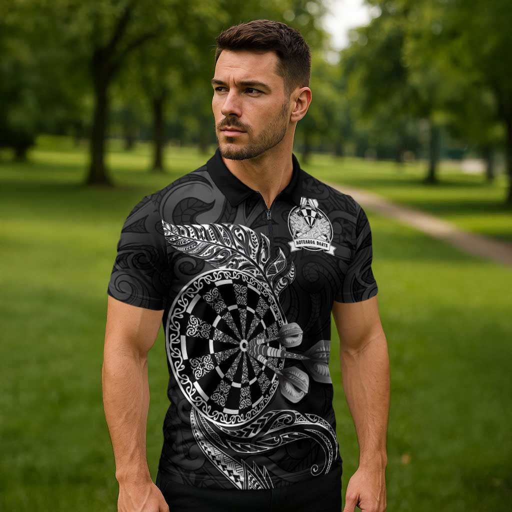 Personalised New Zealand Aotearoa Darts Masters Zipper Polo Shirt Tribal Silver Fern and Ta Moko Dartboard LT03 - Polynesian Pride