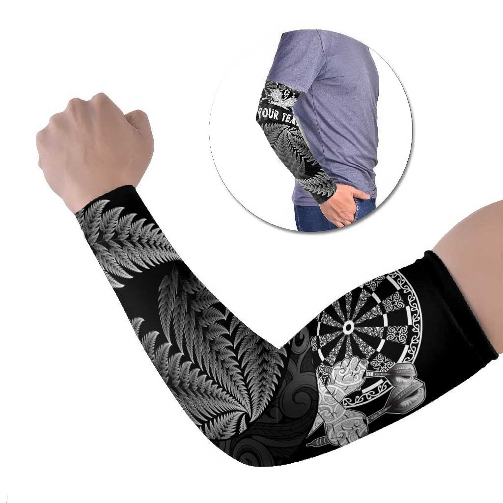 Personalised New Zealand Aotearoa Darts Masters Arm Sleeves Silver Fern and Maori Spirit LT03 Set of 2 Black - Polynesian Pride