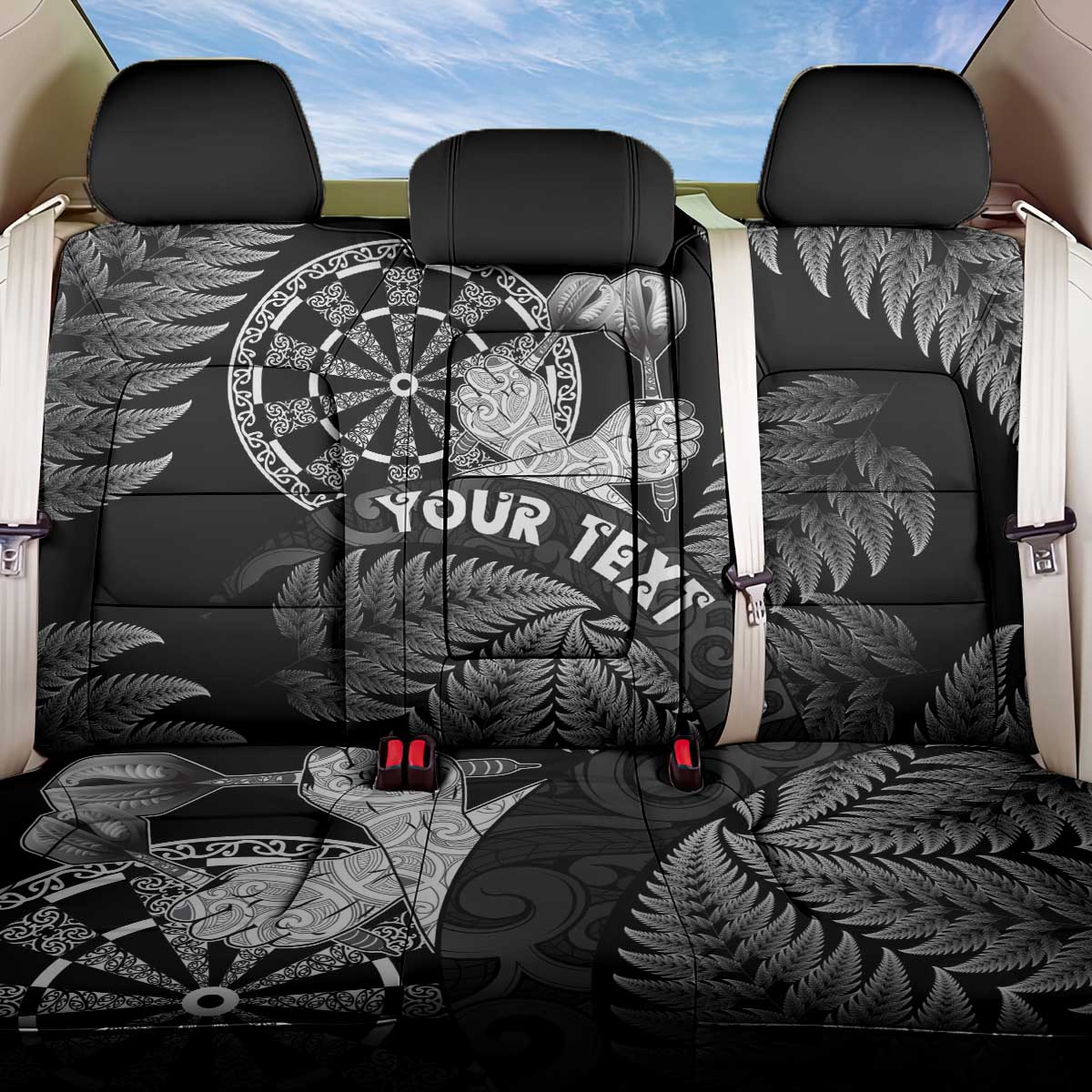 Personalised New Zealand Aotearoa Darts Masters Back Car Seat Cover Silver Fern and Maori Spirit LT03 One Size Black - Polynesian Pride