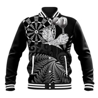 Personalised New Zealand Aotearoa Darts Masters Baseball Jacket Silver Fern and Maori Spirit LT03 Unisex Black - Polynesian Pride