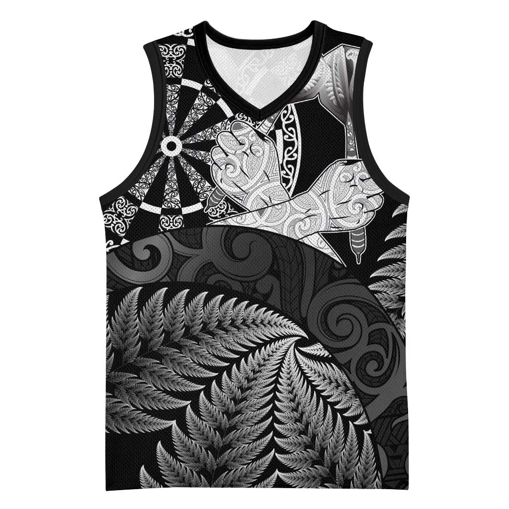 Personalised New Zealand Aotearoa Darts Masters Basketball Jersey Silver Fern and Maori Spirit LT03 Unisex Black - Polynesian Pride