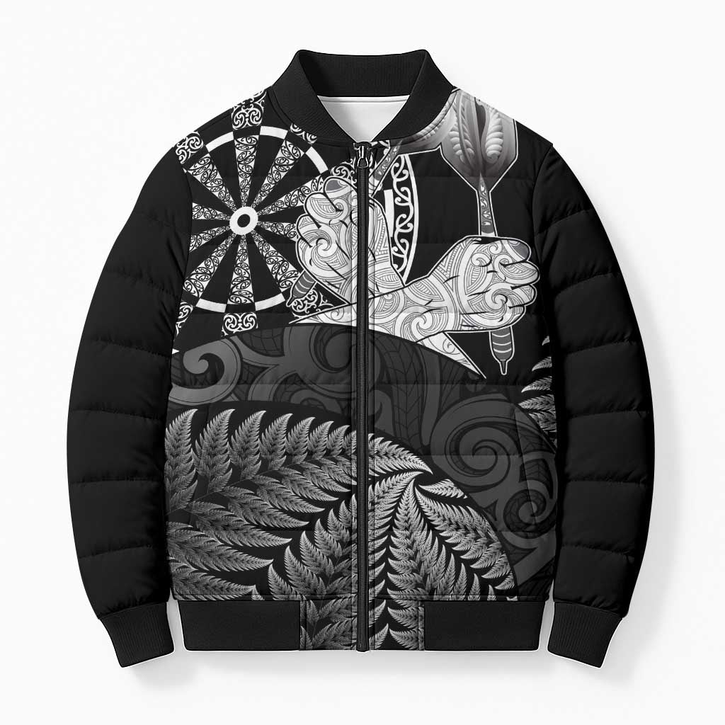 Personalised New Zealand Aotearoa Darts Masters Bomber Puffer Jacket Silver Fern and Maori Spirit LT03 Unisex Black - Polynesian Pride