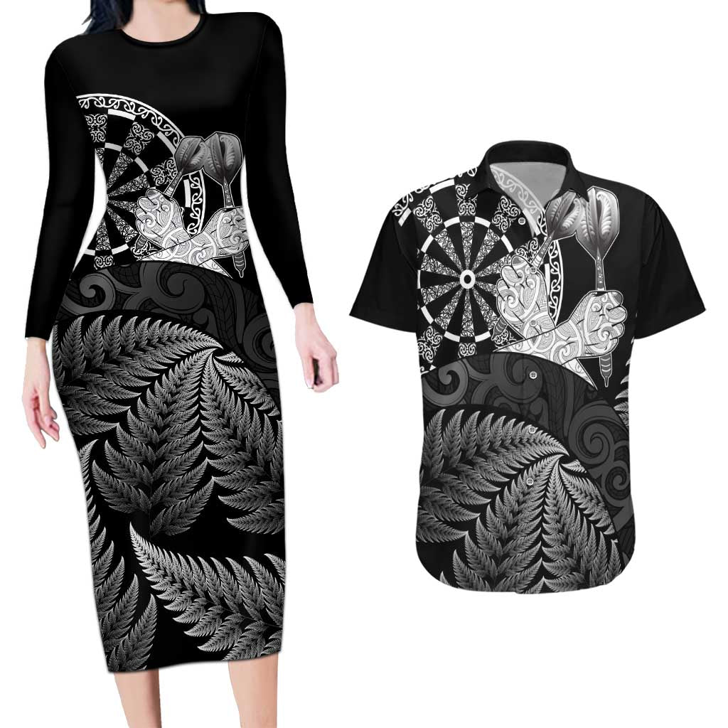 Personalised New Zealand Aotearoa Darts Masters Couples Matching Long Sleeve Bodycon Dress and Hawaiian Shirt Silver Fern and Maori Spirit - Polynesian Pride