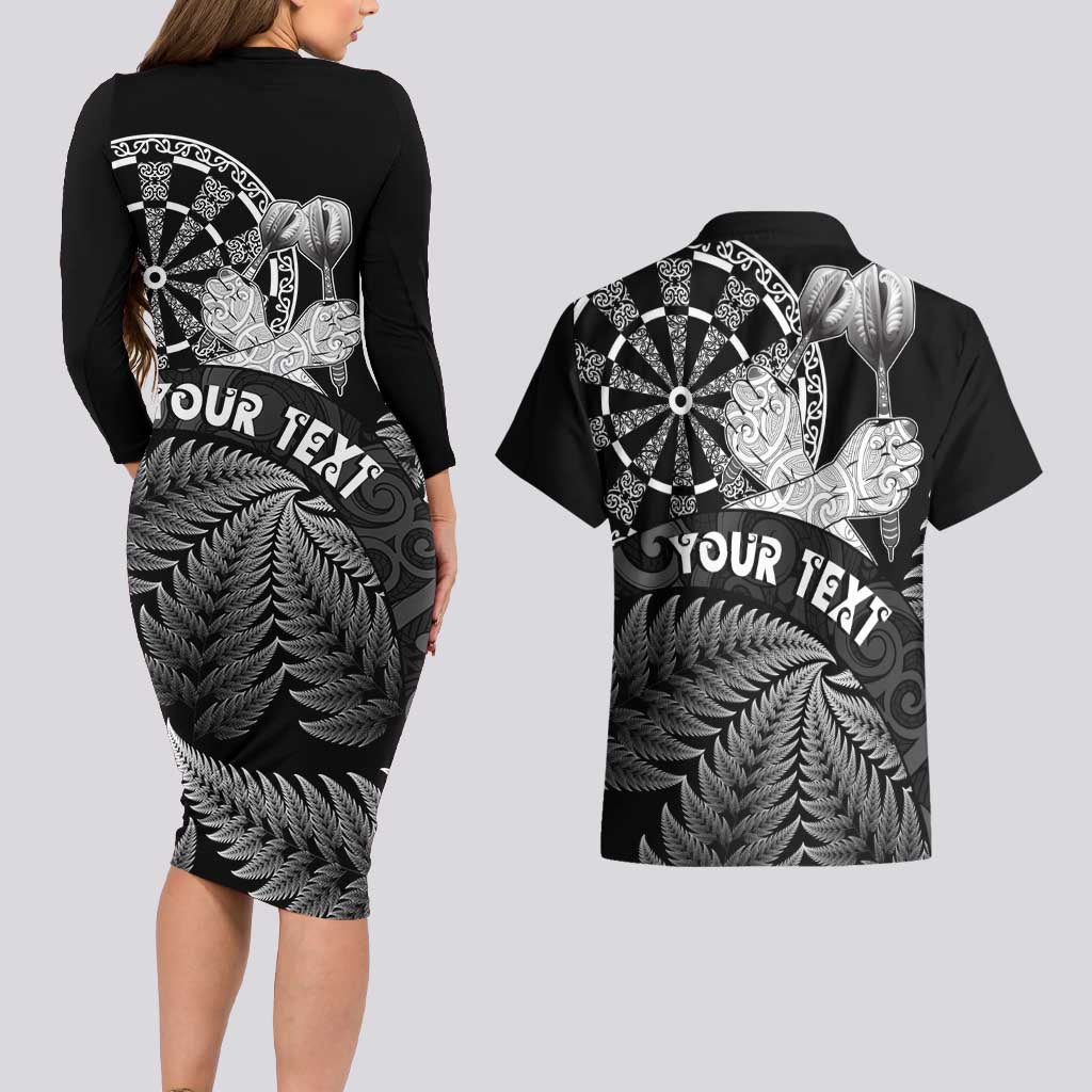Personalised New Zealand Aotearoa Darts Masters Couples Matching Long Sleeve Bodycon Dress and Hawaiian Shirt Silver Fern and Maori Spirit LT03 - Polynesian Pride