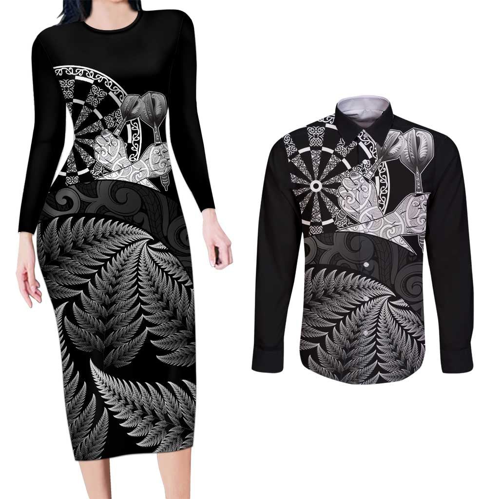Personalised New Zealand Aotearoa Darts Masters Couples Matching Long Sleeve Bodycon Dress and Long Sleeve Button Shirt Silver Fern and Maori Spirit LT03 Black - Polynesian Pride