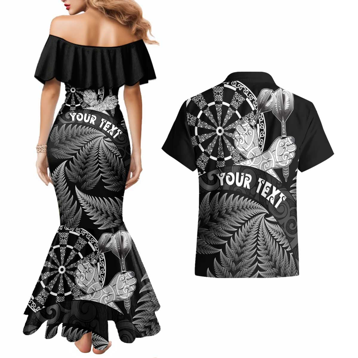 Personalised New Zealand Aotearoa Darts Masters Couples Matching Mermaid Dress and Hawaiian Shirt Silver Fern and Maori Spirit LT03 - Polynesian Pride