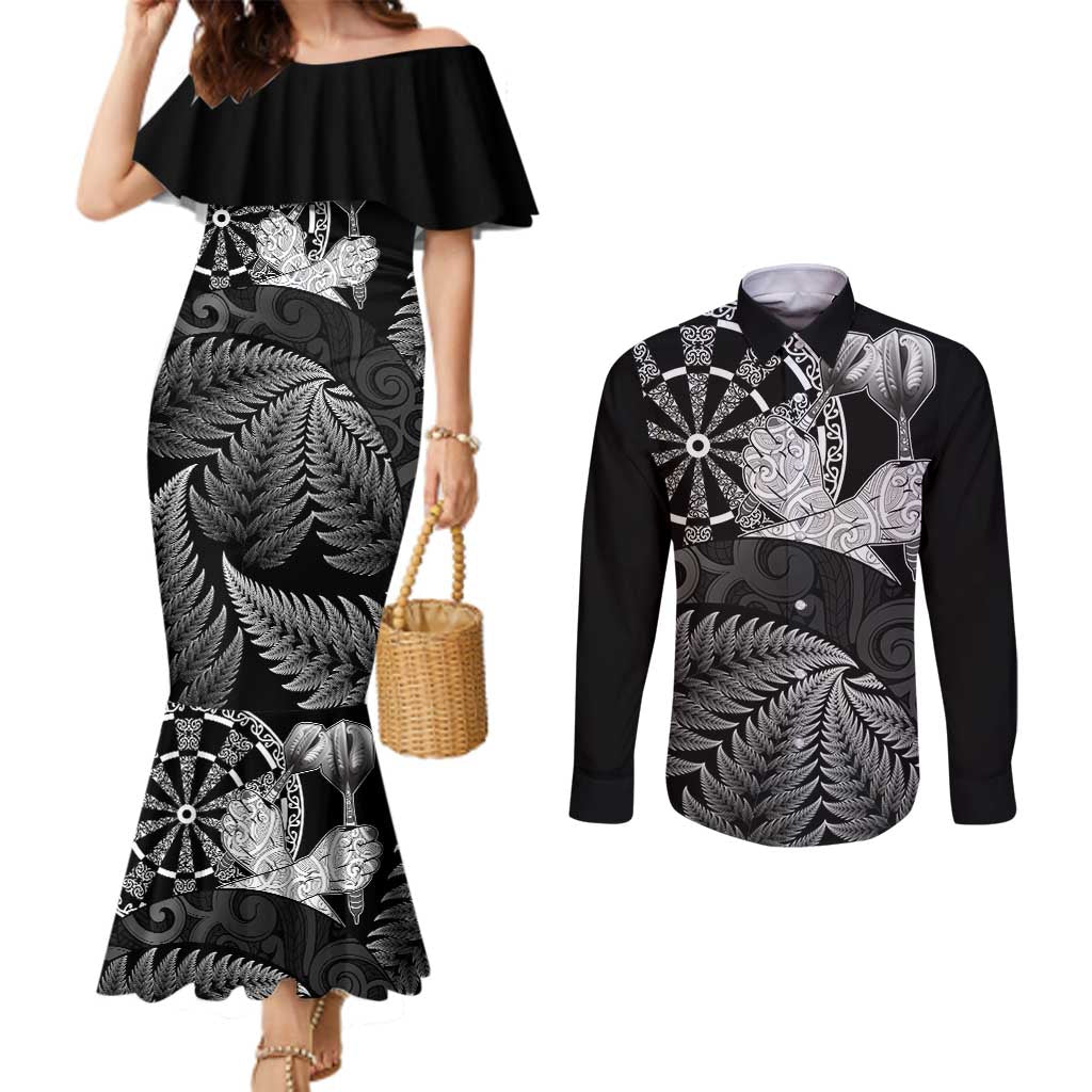 Personalised New Zealand Aotearoa Darts Masters Couples Matching Mermaid Dress and Long Sleeve Button Shirt Silver Fern and Maori Spirit - Polynesian Pride