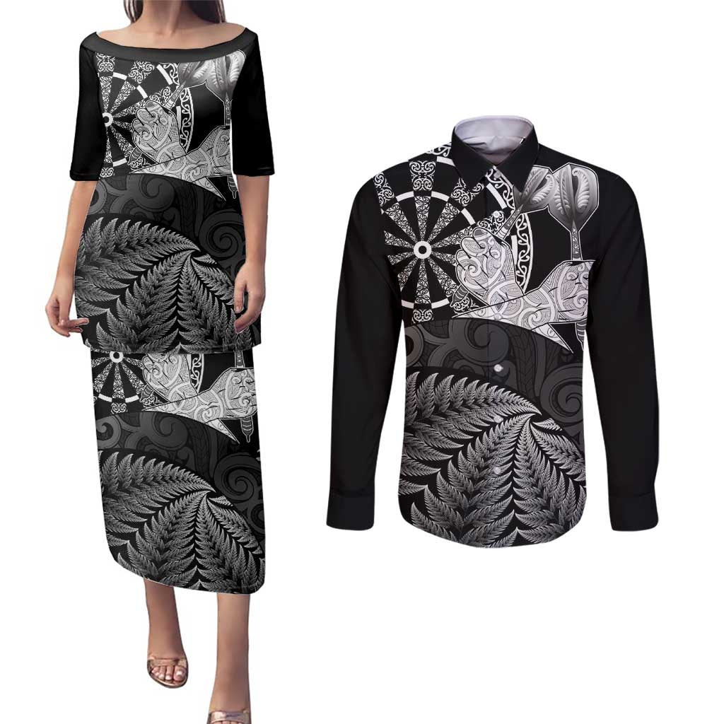 Personalised New Zealand Aotearoa Darts Masters Couples Matching Puletasi and Long Sleeve Button Shirt Silver Fern and Maori Spirit - Polynesian Pride