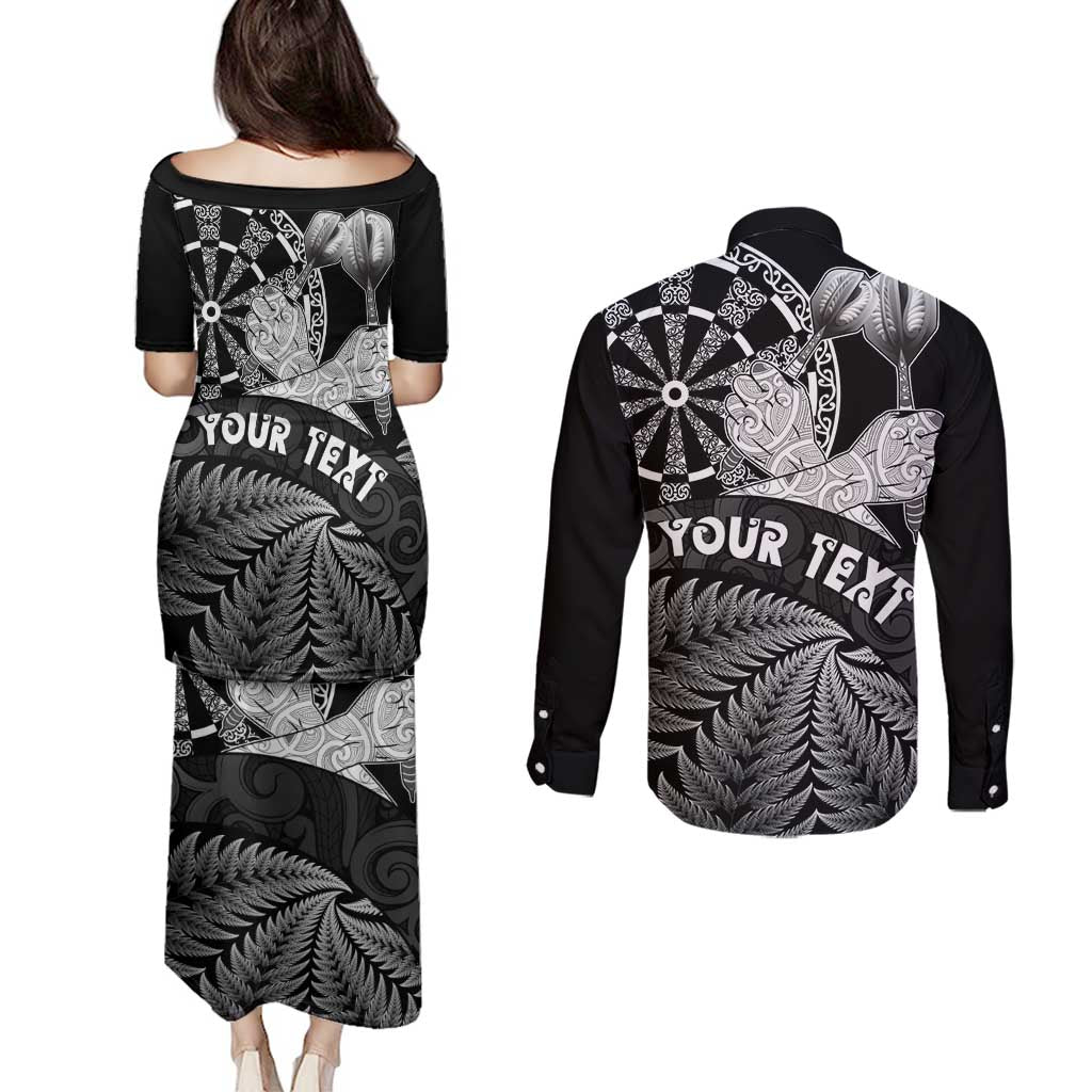 Personalised New Zealand Aotearoa Darts Masters Couples Matching Puletasi and Long Sleeve Button Shirt Silver Fern and Maori Spirit LT03 - Polynesian Pride