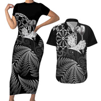 Personalised New Zealand Aotearoa Darts Masters Couples Matching Short Sleeve Bodycon Dress and Hawaiian Shirt Silver Fern and Maori Spirit LT03 Black - Polynesian Pride
