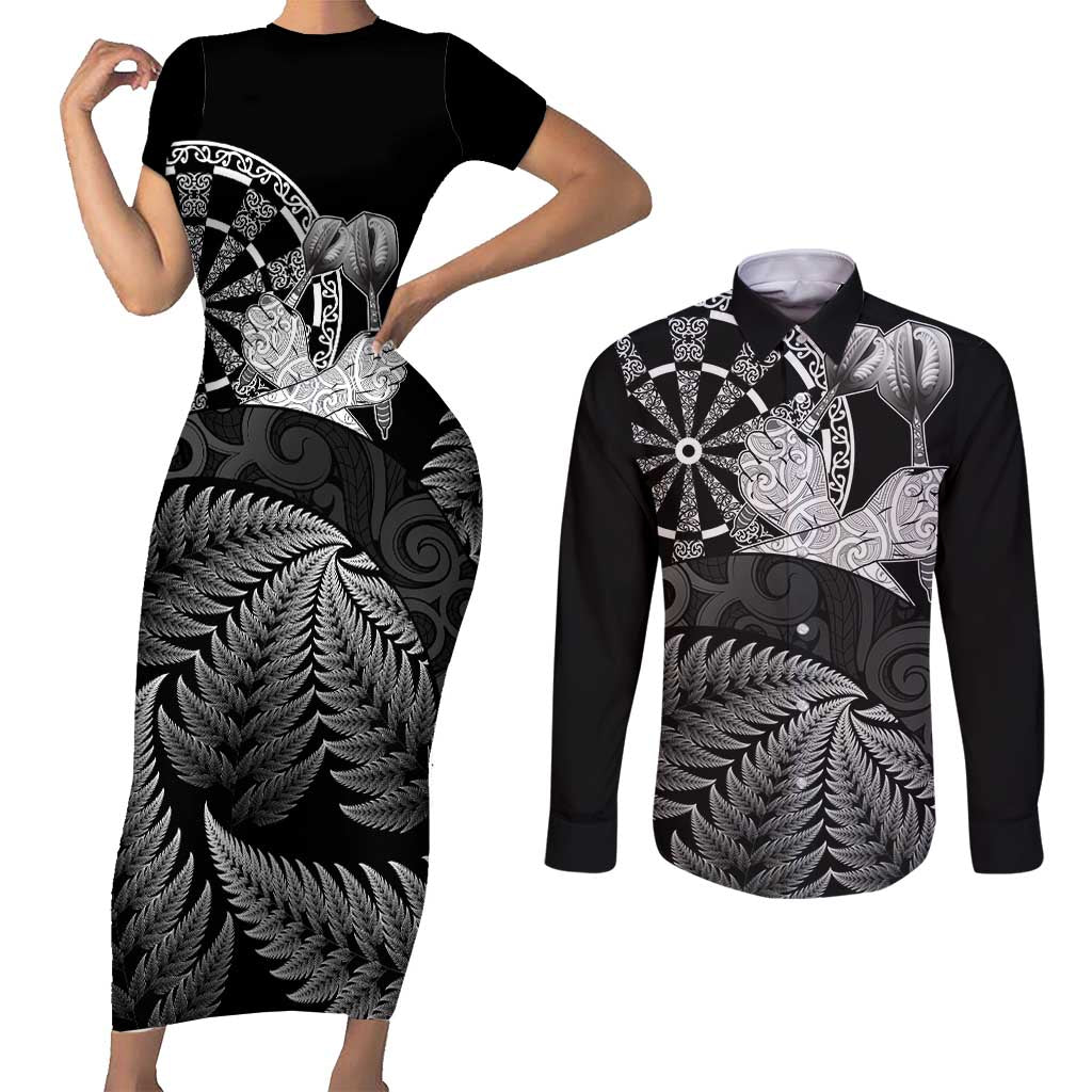 Personalised New Zealand Aotearoa Darts Masters Couples Matching Short Sleeve Bodycon Dress and Long Sleeve Button Shirt Silver Fern and Maori Spirit LT03 Black - Polynesian Pride