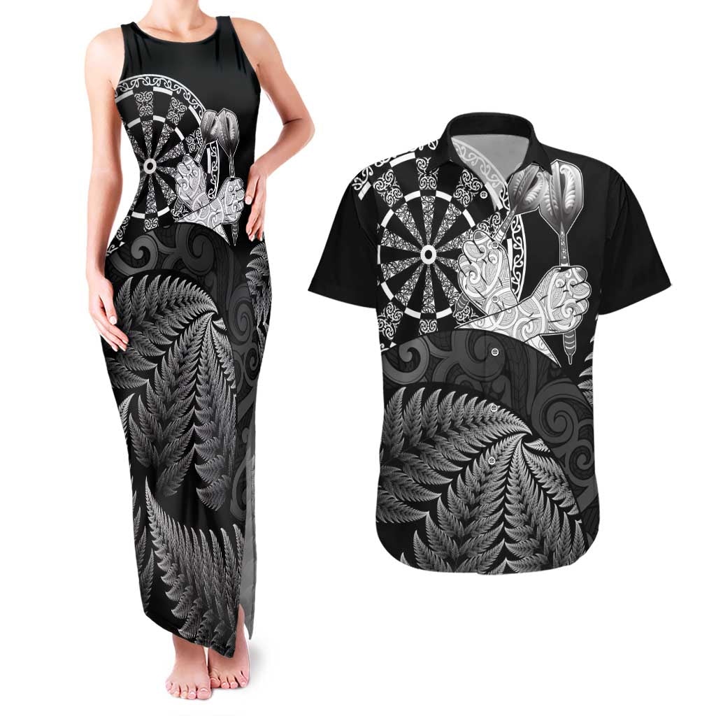 Personalised New Zealand Aotearoa Darts Masters Couples Matching Tank Maxi Dress and Hawaiian Shirt Silver Fern and Maori Spirit LT03 Black - Polynesian Pride